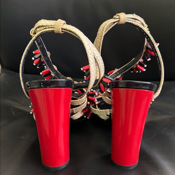 Tory Burch Gold Strap Heels with Red & Navy Bead Embellishments - Picture 4 of 5